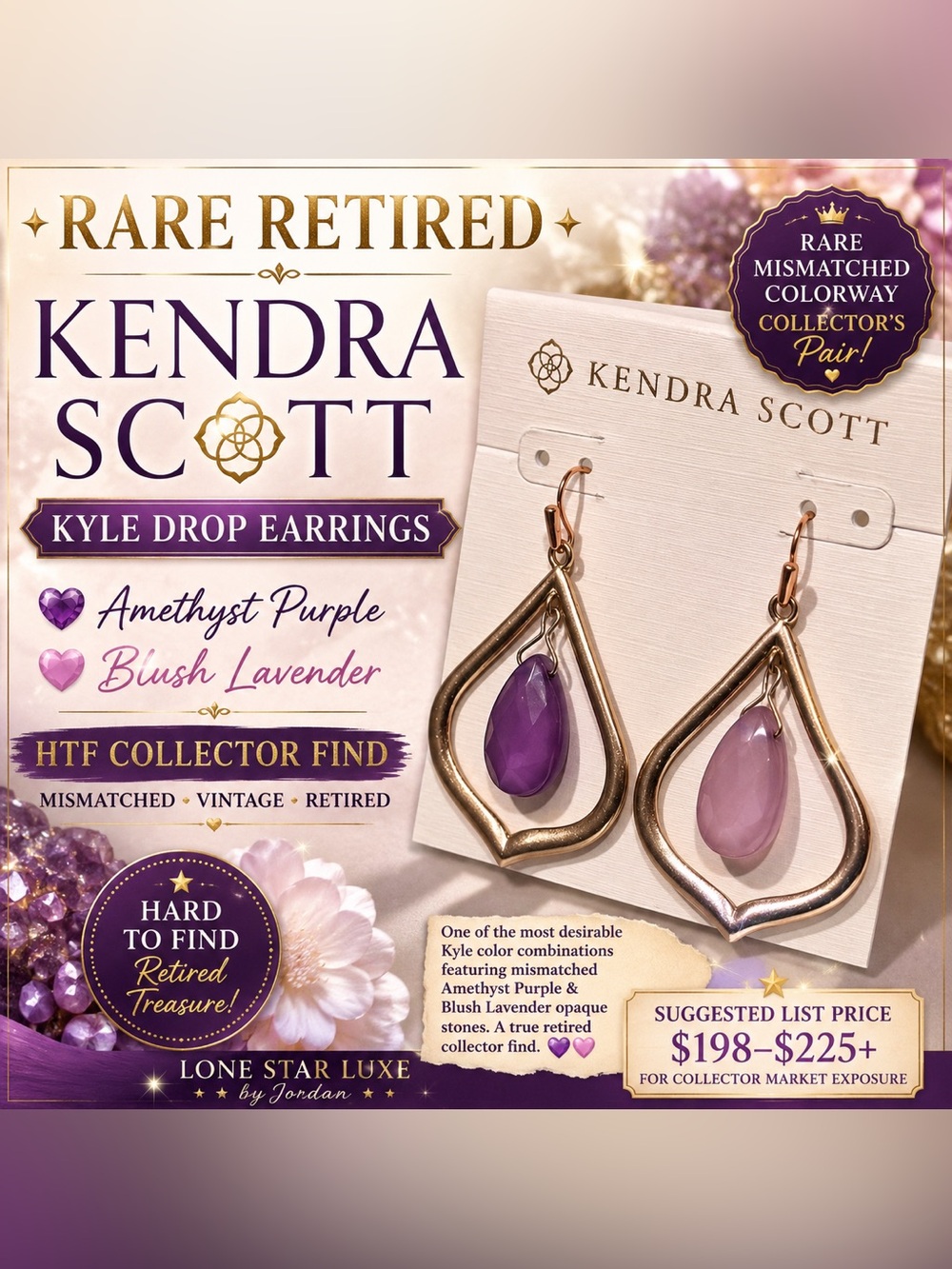 RARE Retired Kendra Scott Kyle Drop Earrings Amethyst Purple & Blush Lavender 💜